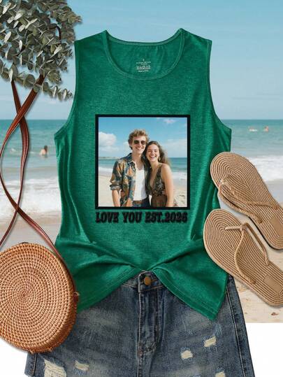 Women's Casual Flocked Letter Print Tank Top, Customizable Pattern, Retro Style Suitable For Outings, Beach, Shopping, Festivals, Parties, Trips, Vacations, Round Neck Cotton Tank Top, Women's Graphic Tank, Casual Outerwear