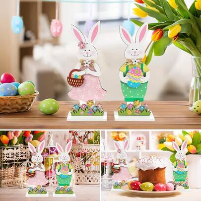 2pcs Wooden Easter Bunny Figurines, Tabletop Centerpiece Decor, Farmhouse Style Spring Decoration, Bunny Holding Egg Ornaments