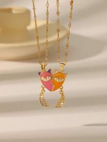 Couple's Fox Heart Pendant Necklace Set, Red Enamel Fully Studded Fox Tail Design, Valentine's Day Gift For Couples & Best Friends, Golden Jewelry - Multicolor - View 12