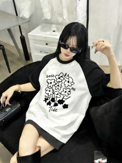 休闲黑白撞色拼接插肩袖个性化字母图案双面印花宽松舒适日常街头风女式短袖T恤
