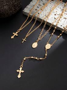 4pcs/Set Fashionable Versatile Men's Cross & Ball Chain Necklace Set, Suitable For Casual And Work Outfits - Gold - View 5