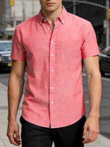 Men's Short Sleeve Casual Shirt In Solid Color Oxford Spun, Suitable For Summer,Wrinkle Resistant Office Work Shirt For Men - Đỏ - Xem 6