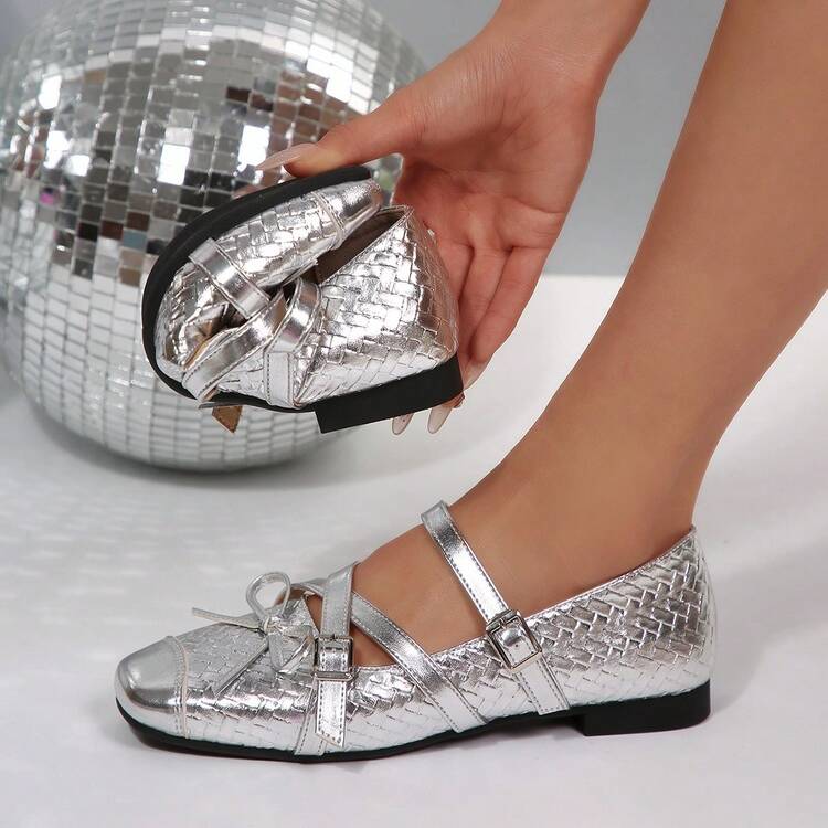 2026 New French Bowknot Mary Jane Shoes, Silver Ballet Shoes, Punk Style Criss-Cross Strap Vintage Non-Slip Flat Leather Shoes For Women - Silver - View 6
