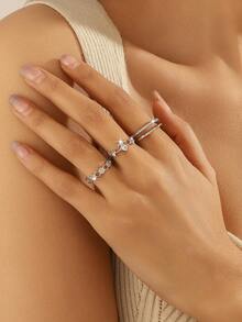 3pcs/Set Fashionable Silver Heart Woven Textured Geometric Rings Set For Women, Innovative Design, Lightweight & Luxurious, Open Rings - Silver - View 6