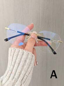 1 pieza Gafas sin montura y redondas para mujer, sin prescripción, con cadena decorativa, adecuadas para oficina, estudiantes, viajes, uso casual, vacaciones, gran regalo para novia, Día de San Valentín - Multicolor - Ver 2