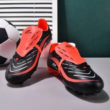 MINGBIN 1 par de zapatos de fútbol unisex, zapatos de entrenamiento y partido de césped natural al aire libre de caña baja, tacos de fútbol americano para adolescentes, zapatos deportivos profesionales con cordones delanteros de PU, tacos largos AG/FG - Negro y rojo - Ver 9