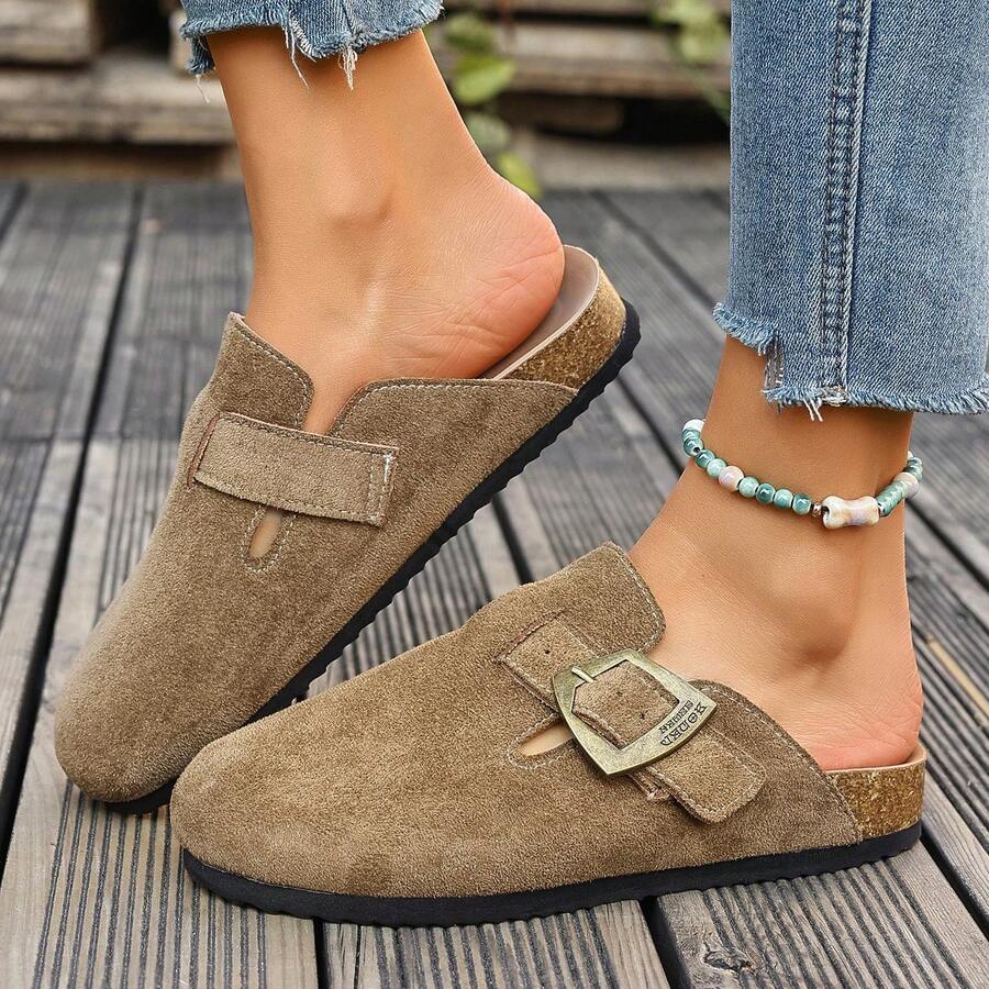 女士铜扣穆勒鞋，复古风格平底拖鞋，休闲优雅百搭凉鞋，适合日常穿着，四季皆宜。 - 卡其色 - 查看 1