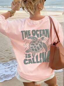 Women's Summer Vacation Ocean Life Letter Print Round Neck T-Shirt, Graphic Tee, White, Black, Pink - Pink - View 9