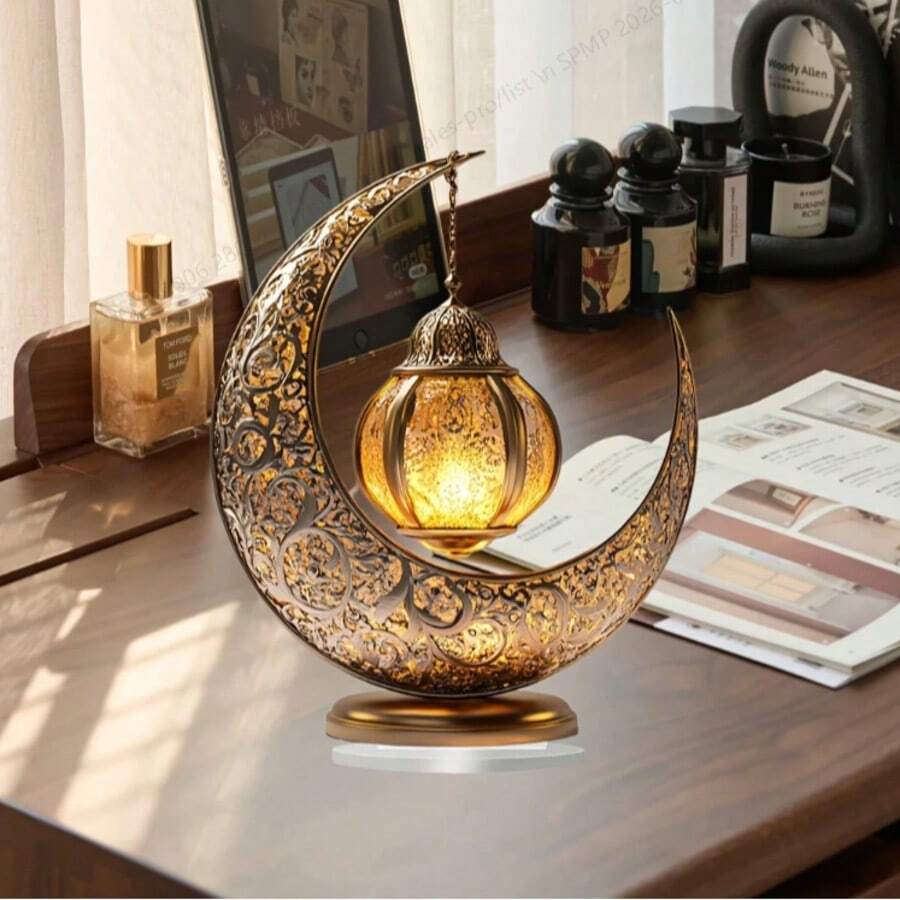 Decoração de Mesa Plana 2D, Elegante de Acrílico para Eid Al-Fitr - Lua Crescente Clássica com Padrões Intrincados e Ornamento Brilhante, Perfeito para Ramadã e Celebrações Islâmicas, Decoração Festiva para Casa e Cozinha, Decoração de Ramadã | Decoração de Padrão Intrincado | Estética Tradicional - Multicolorido - Visão 1