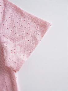 刺绣镂空方领T恤，休闲短袖褶皱前襟上衣，春夏款，女款粉色 - 粉色 - 查看 5