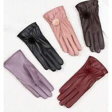 1 Pair Women's Autumn Winter Faux Leather Touch Screen Gloves Fleece Lined Warm Windproof For Cycling Commute - Black - View 4