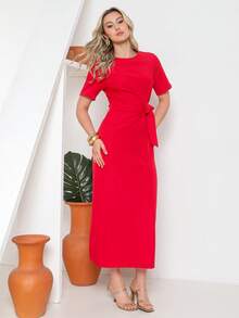 Novo Vestido Longo de Verão com Manga Curta e Cinto Central 2026 - Vermelho - Visão 4