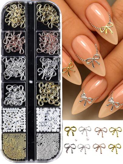 12 Grids 3D Metal Alloy Bow Nail Accessories, 3D Nail Bow, Cute Silvery And Golden Alloy Accessories, Ribbon Bow, Y2K Nail Rhinestone Decoration, Nail Supplies