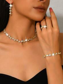 时尚简约珠宝套装 - 项链、耳环、手链、镶有钻石/珍珠的弹力戒指、结婚珠宝、母亲节礼物（多种选择） - 銀色 - 查看 8