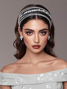 1pc Shiny Silver Rhinestone Headband, Fashionable Mesh Hollow Wide-Brim Headpiece Suitable For Bride, Wedding, Celebration, Holiday Gift, Date, Carnival Party, Casual Wear Beauty Home Hair Accessories - 黑色 - 查看 7