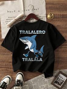 1pc Young Boy Casual Round Neck Short Sleeve T-Shirt With Mythical Creature Print, Summer Student Wear - The T-Shirt With "Shan Hai Jing" Character Print Brings Joy And Happiness To Every Child! TRALALERO TRALALA - Black - View 3