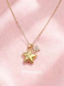 1件个性化时尚甜美3D星星爱心可打开字母吊坠项链，适合儿童、女孩、朋友、女朋友、母亲、生日、情人节、母亲节、周年纪念日、节日、庆典礼物、日常配饰 - 金色 - 查看 1