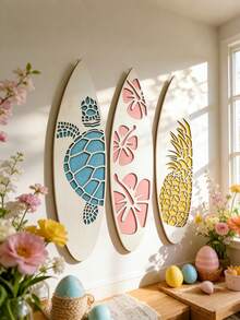 3件套海洋主题彩色镂空装饰品，热带动物和花卉图案墙饰，沙滩风格冲浪板造型轻巧装饰品，适用于家居、墙壁、门、窗户、阳台、客厅、卧室、浴室、海滩别墅、夏季派对、节日等场合。 - 白色 - 查看 5