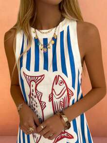 Đầm không tay họa tiết cá sọc tương phản, phong cách Bohemian mùa hè, thoải mái, giản dị, cổ điển, dành cho nữ, thích hợp cho bữa ăn trưa hoặc tiệc nhẹ. - Màu xanh lam - Xem 7