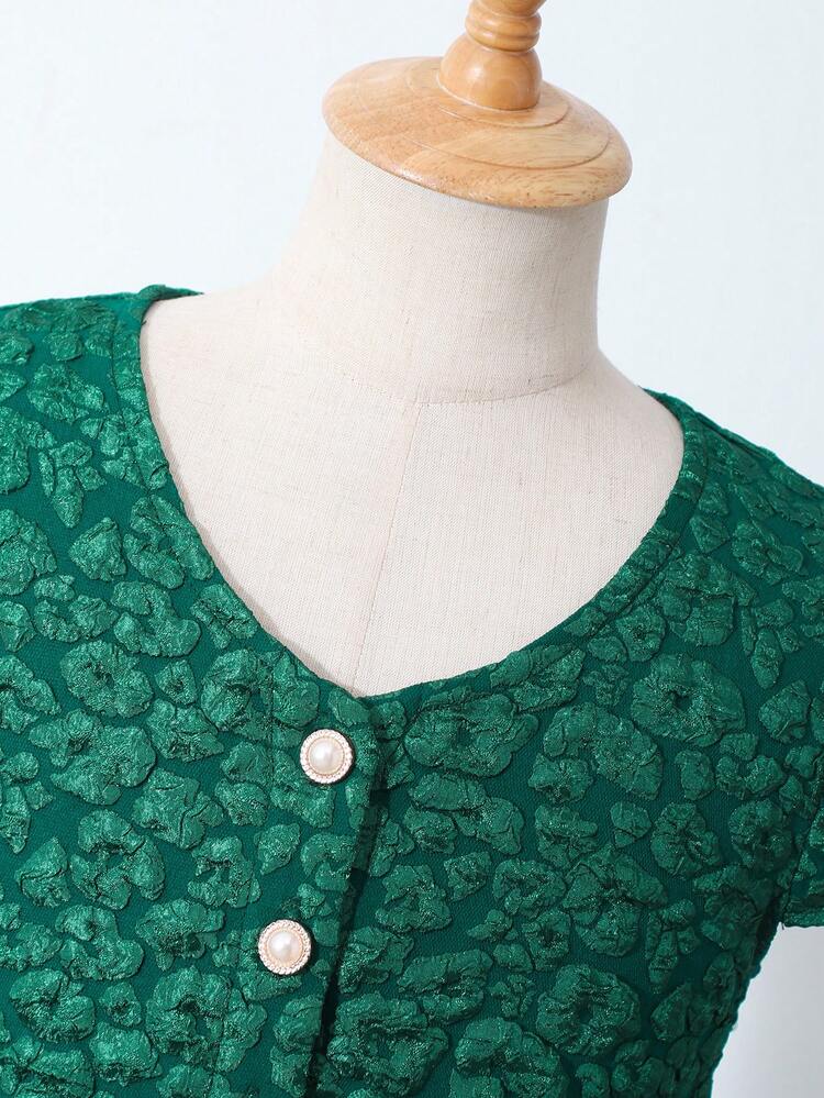 女童绿色云朵提花网纱罩衫连衣裙，适合假日派对 - 綠色 - 查看 5