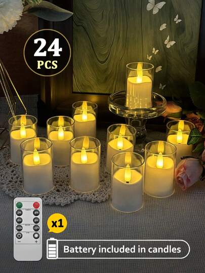 6/12/24支装闪烁无焰蜡烛，带定时器和遥控器，电池供电LED蜡烛，仿玻璃烛台，无烟无味，适合桌面摆件、圣诞节、万圣节、情人节、餐桌、房间装饰、求婚、婚礼、派对、礼品