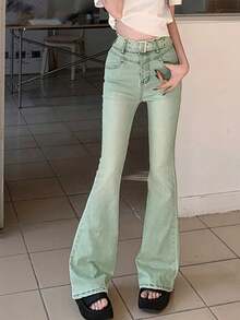 新款百搭简约女式牛仔裤，带口袋和腰带 - 中等水洗藍 - 查看 4