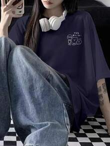 女士简约纯色藏蓝色撞色英文图案双面印花休闲宽松版型基础款日常穿搭、通勤、街头风Y2K圆领罗纹短袖T恤 夏季 - 藏蓝色 - 查看 3