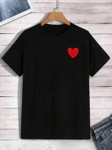 Graphic Tees Women Manfinity Dauomo Men Heart Embroidery Tee Men's Summer Casual 180g Pure Cotton T-Shirt Patterned Printed Short Sleeved Top T-Shirt - Black - View 8