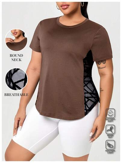 T-shirt de sport casual à manches courtes en maille et patchwork pour femmes grandes tailles