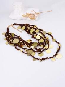 1pc Luxury Design Waterfall Geometric Sequin Round Pendant Multi-Layer Braided Rope Necklace For Women - Gold - View 5