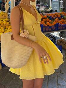 Doriss刺绣镂空收腰V领A字吊带连衣裙，适合舞会、节日、假日、晚宴、情人节、新年、优雅女士、海滩、感恩节、毕业典礼、音乐会等场合，夏季女装 - 黃色 - 查看 4