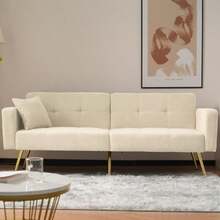 Previous Reference: WF200993995B, Reclining Sofa Bed, Gold Legs, With Cushions And Side Storage Pockets - Beige - View 1