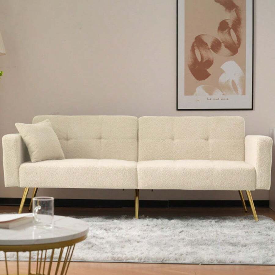 Previous Reference: WF200993995B, Reclining Sofa Bed, Gold Legs, With Cushions And Side Storage Pockets - Beige - View 1