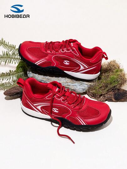 HOBIBEAR 1 Pair Unisex Comfortable Mesh Patchwork Sneakers, Flat Rubber Outsole, Breathable, Minimalist, Suitable For Walking, Hiking, Tennis, Barefoot Training, Red