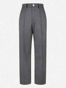 （不含腰带）女士纯色直筒裤，前部褶裥设计，纽扣和拉链闭合，搭配系腰带衬衫和高跟鞋，打造干练的职场造型；搭配白色T恤和运动鞋，营造休闲现代的春季氛围。 - 深灰色 - 查看 4