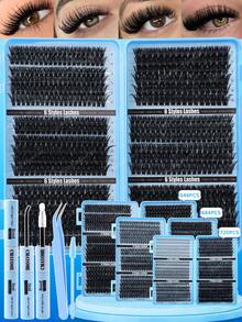 720/684/648pcs Eyelash Glue Set, Create Natural & Voluminous Lashes. D-Curl False Eyelashes, Soft & Fluffy, 9-16mm, Cluster Lashes, Individual Lashes, DIY Eyelash Extension - Baby Blue - View 3