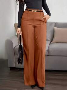 （不含腰带）女士纯色直筒裤，前部褶裥设计，纽扣和拉链闭合，搭配系腰带衬衫和高跟鞋，打造干练的职场造型；搭配白色T恤和运动鞋，营造休闲现代的春季氛围。 - 棕色 - 查看 2