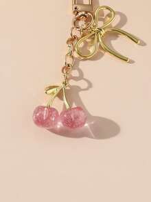 1pc Unisex New Shiny Faux Cherry Keychain Fashionable Delicate 3D Cherry Bow Bag Charm Travel Essentials Kawaii Chinese - Pink - View 4