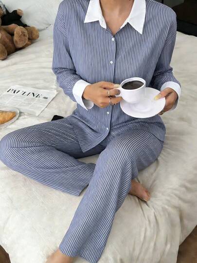 Nina Bonheur 2pcs Women Striped Button-Front Long Sleeve Pajama Set + Drawstring Waist Pants, Cute Sleepwear Suit