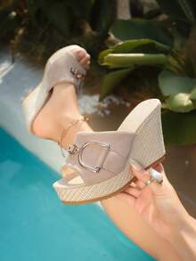 Giày sandal đế xuồng thời trang nữ, quai ngang dệt kim khóa vàng, giày cao gót đế xuồng, đa năng cho sinh hoạt hàng ngày, đi làm, giải trí, du lịch, dự tiệc. - Màu be - Xem 8