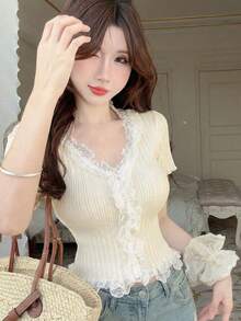 New Unique Design Cropped Lace Cardigan, Sweet & Spicy, Flattering, Suitable For Spring/Summer - Apricot - View 4