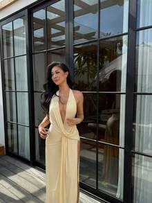 Sunshine Yellow Evening Gown, Fashionable Neck-Revealing Backless Deep V-Neck Sexy Slit Floor-Length Dress For Women, Glamoratti Aesthetic De Skirt - Màu vàng - Xem 7