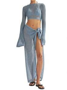 Women's Swimsuits Cover Ups Set For Crochet Bathing Suit Hollow Out 2 Piece Bikini Coverup Beach Swimwear - Màu xanh lam - Xem 1