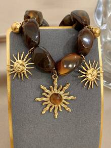 1件装奢华复古波西米亚太阳吊坠可调节手链，18K镀金不锈钢材质，配亚克力手链，女士饰品，适合音乐节、度假、艺术博览会、生日礼物、情人节、派对、晚宴、日常佩戴、约会、新年、婚礼、海滩、圣诞节、周年纪念日等场合。 - 彩色 - 查看 4