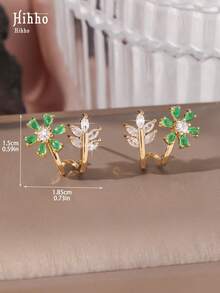 Hihho 2件套时尚闪亮锆石花叶耳钉，优雅礼物，适合女孩约会之夜 - 金黃色 - 查看 5