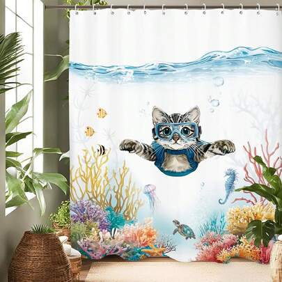 趣味猫咪图案浴帘，蓝色海底海洋主题浴室装饰浴帘套装（含挂钩），趣味海洋动物图案家居装饰浴帘