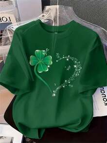 Valentine Outfits For Women2026Rhinestone Heart & Four-Leaf Clover Printed Black T-Shirt - Casual Crew Neck, Breathable,  Summer Tee With Sparkle Details - Perfect For Valentine's Day, St Patrick's Day, Everyday Wearvalentine's Day Valentines Clothes - 綠色 - 查看 12