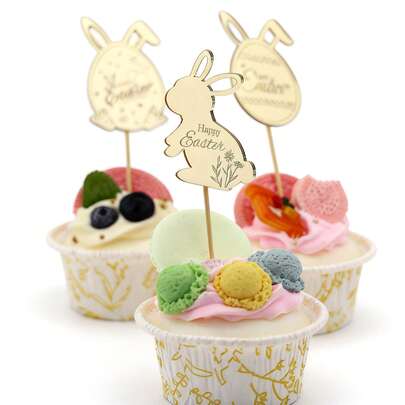 12/24 Pieces Happy Easter Bunny Eggs Acrylic Cupcake Topper For Easter Dessert Decoration