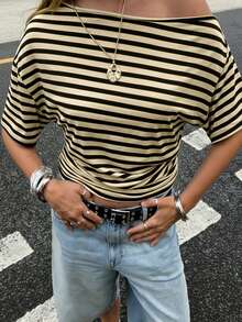 Buzzelle 女士休闲宽松条纹不对称肩短袖T恤，夏季 - 黃黑條紋 - 查看 1