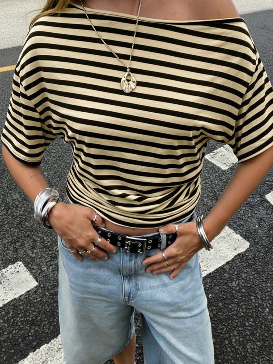 Buzzelle 女士休闲宽松条纹不对称肩短袖T恤，夏季 - 黃黑條紋 - 查看 1